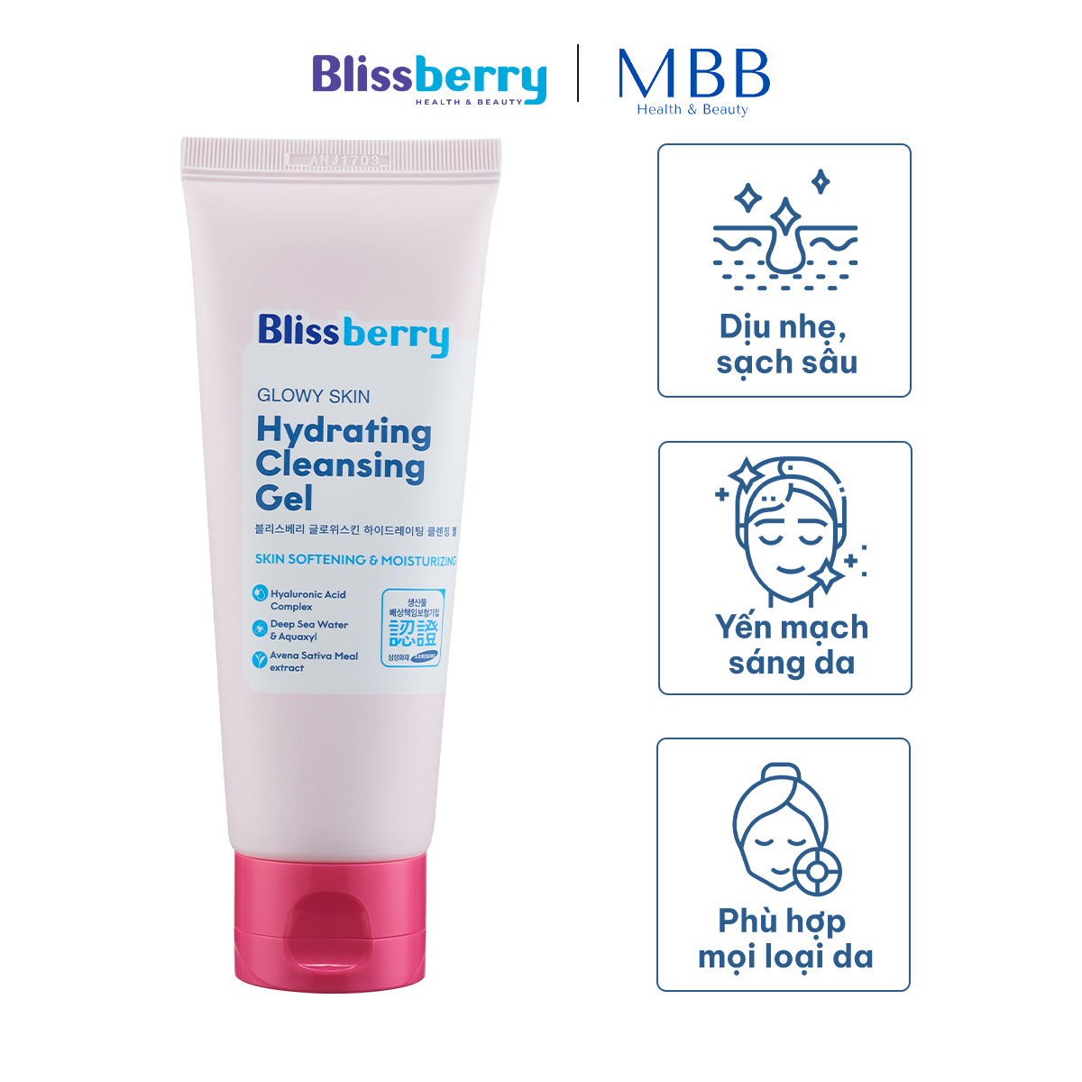 Sữa rửa mặt dịu nhẹ, cấp ẩm, làm sáng da Blissberry 100ml