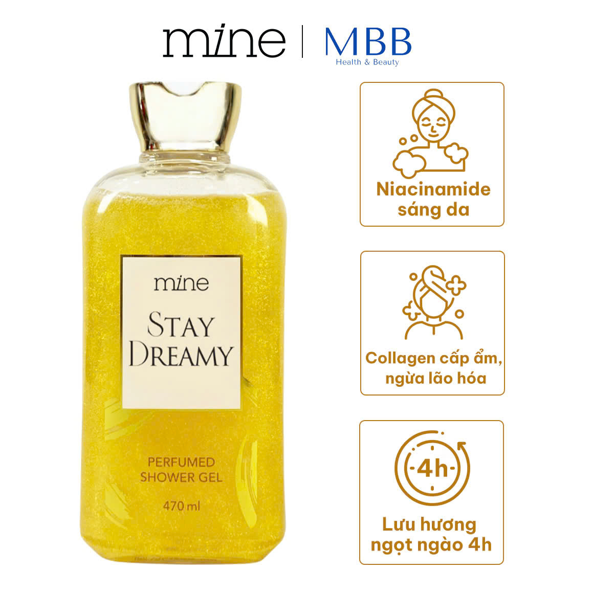 Gel tắm trắng nhũ vàng nước hoa Mine Stay Dreamy 470ml