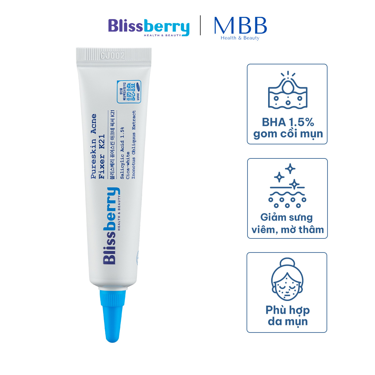 Gel bôi mụn giảm sưng & mờ thâm Blissberry 15ml