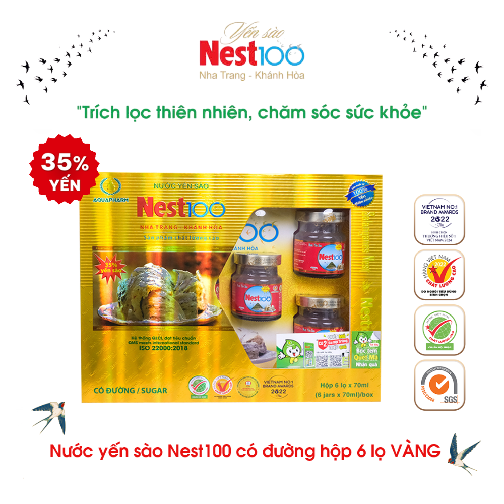 Nước Yến sào Nest100 – Chưng đường phèn (6 lọ vàng + túi)