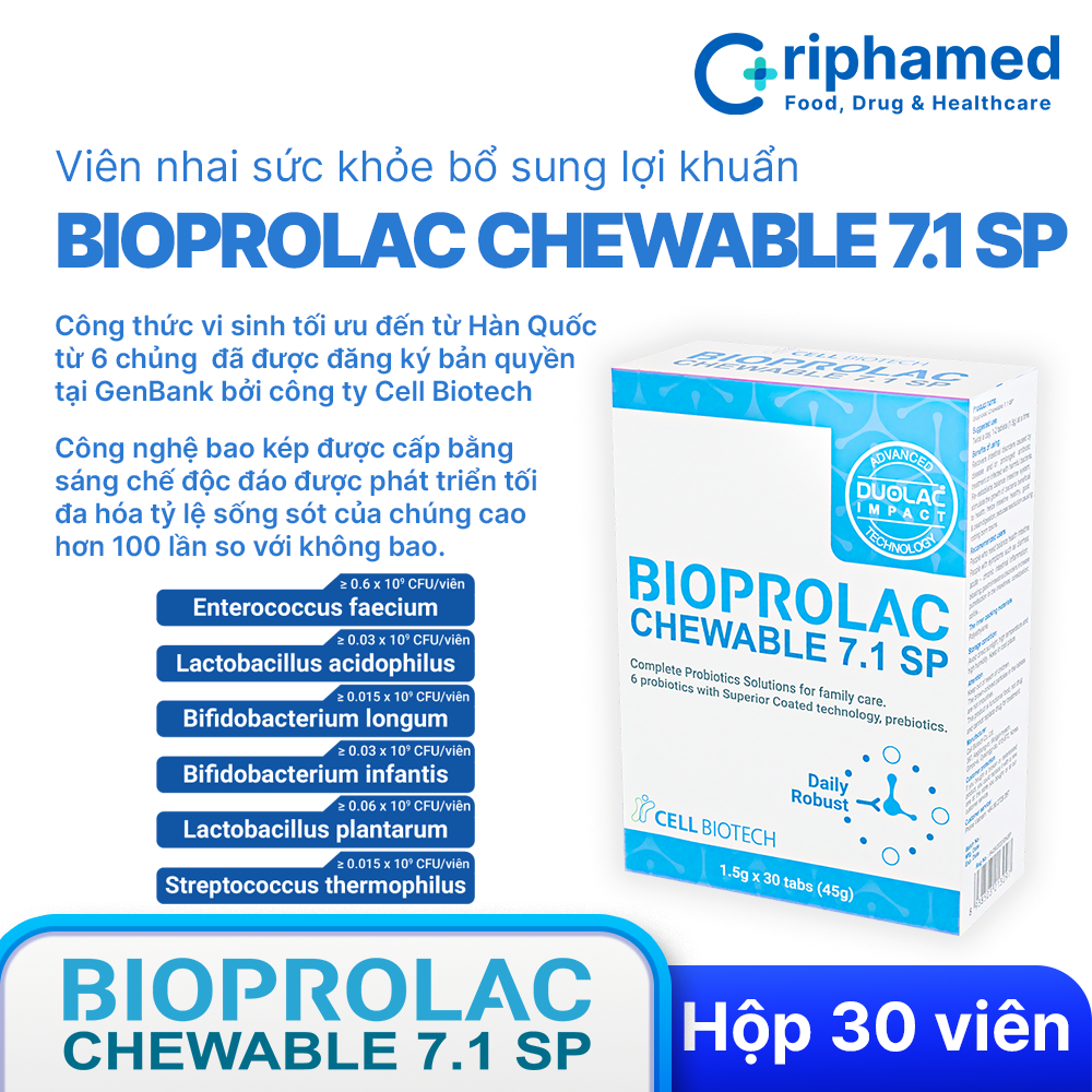 Viên nhai bổ sung lợi khuẩn Bioprolac chewable 7.1 SP (Hộp 30 viên)