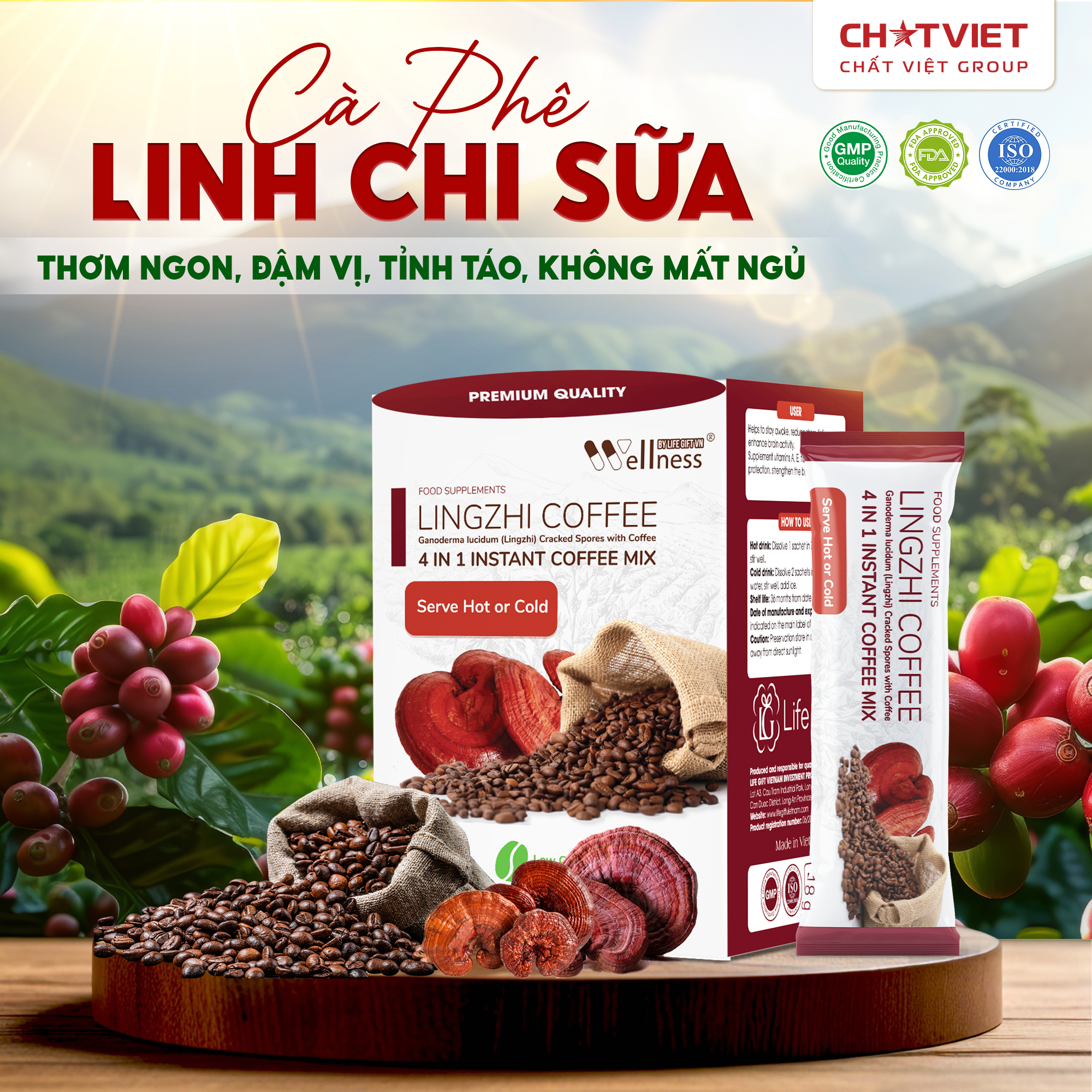 Cà phê bào tử Linh Chi phá vách – Giúp tỉnh táo, vị sữa (20 gói x 18g)