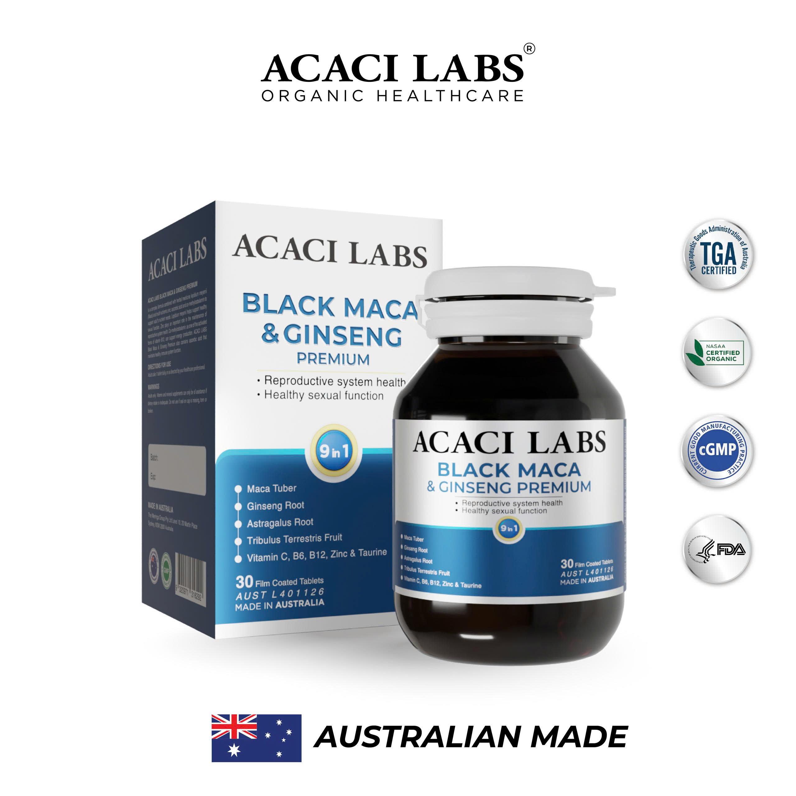 Viên uống bổ thận tăng cường sinh lý Acaci Labs Black Maca & Ginseng Premium Australia 30v
