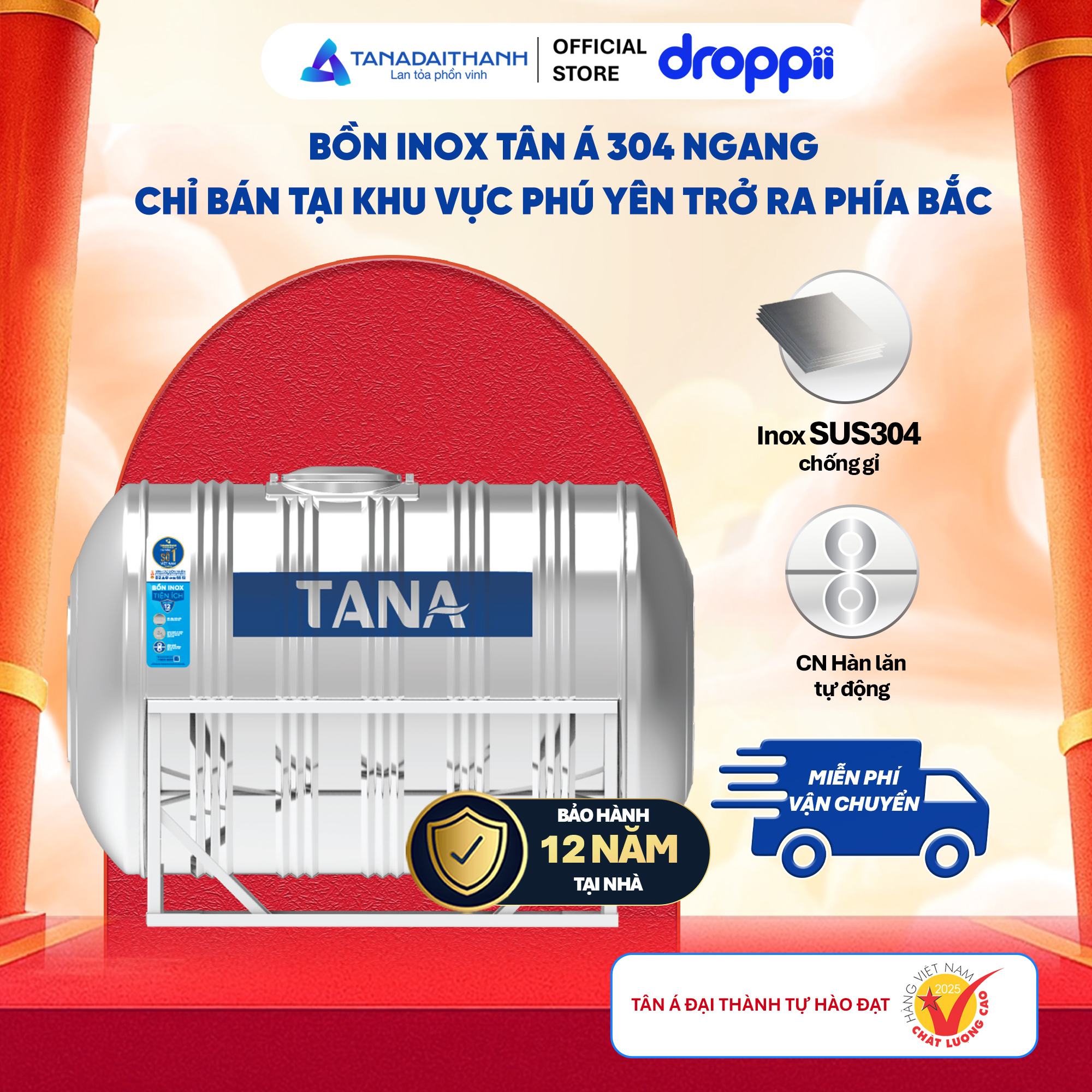 Bồn nước ngang Inox Tân Á 1.500L ĐK1140 Cổ To – Chỉ bán tại miền Bắc