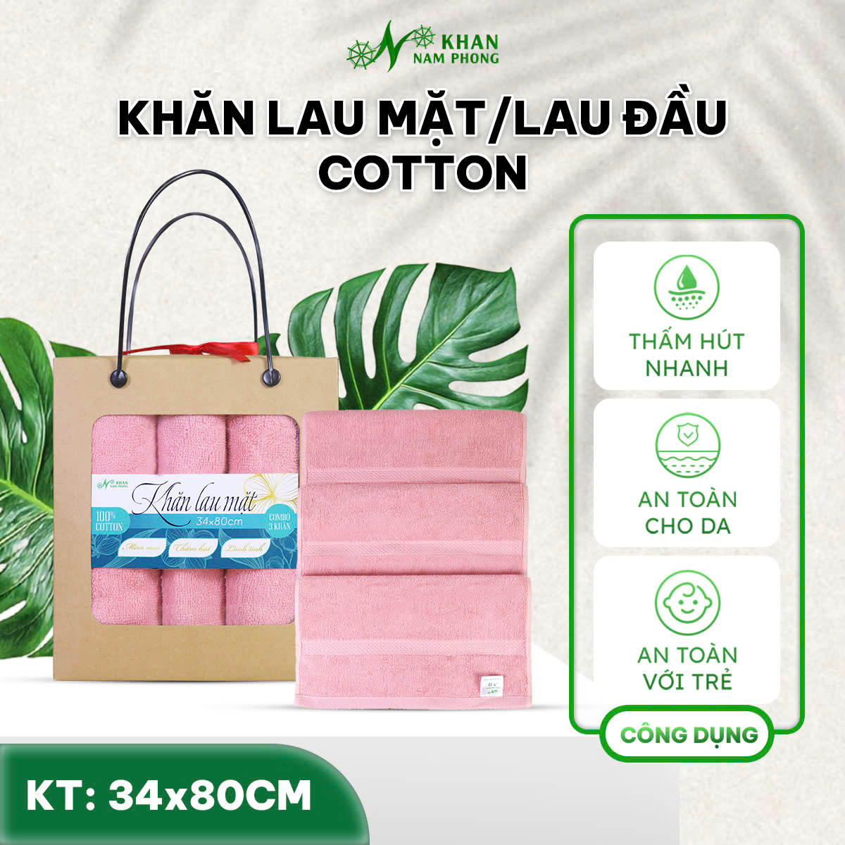Combo 3 khăn lau mặt/lau đầu NAM PHONG 34x80cm chất liệu 100% Cotton