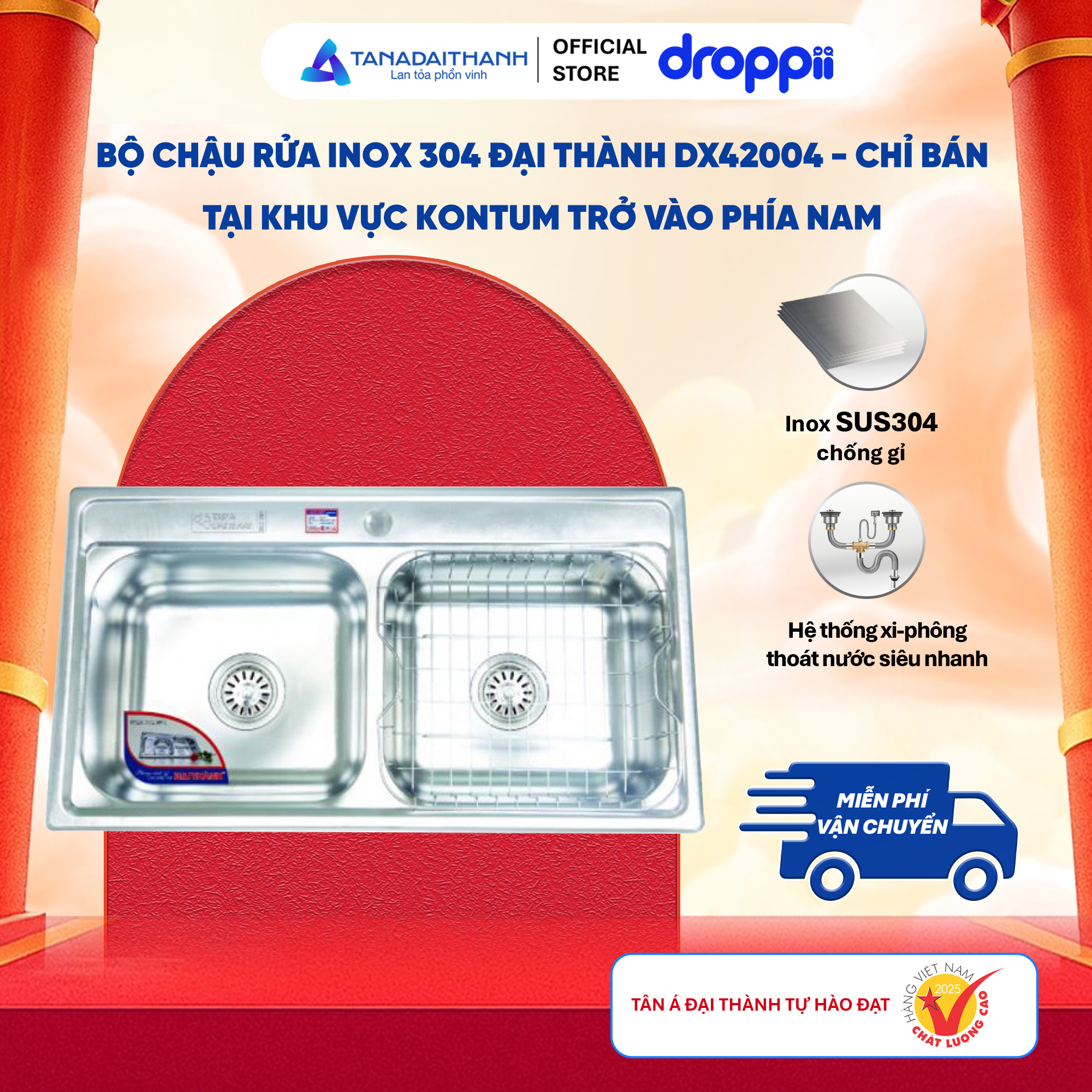 Bộ chậu rửa inox 304 Đại Thành DX42004 - CHỈ BÁN TẠI KHU VỰC MIỀN NAM