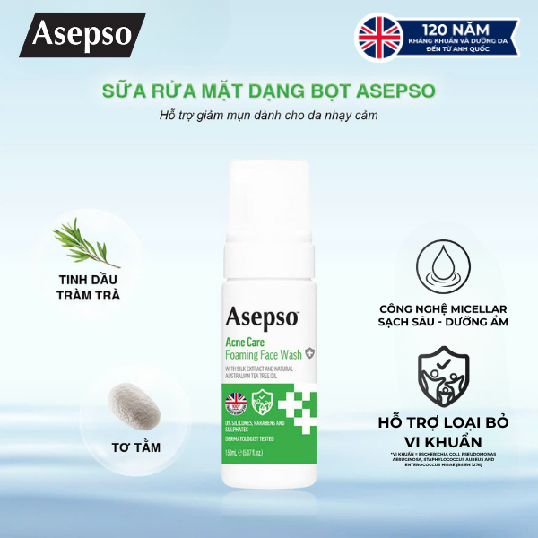 Sữa rửa mặt dạng bọt ASEPSO dành cho da mụn chiết xuất tơ tằm và tinh dầu tràm trà tự nhiên Úc