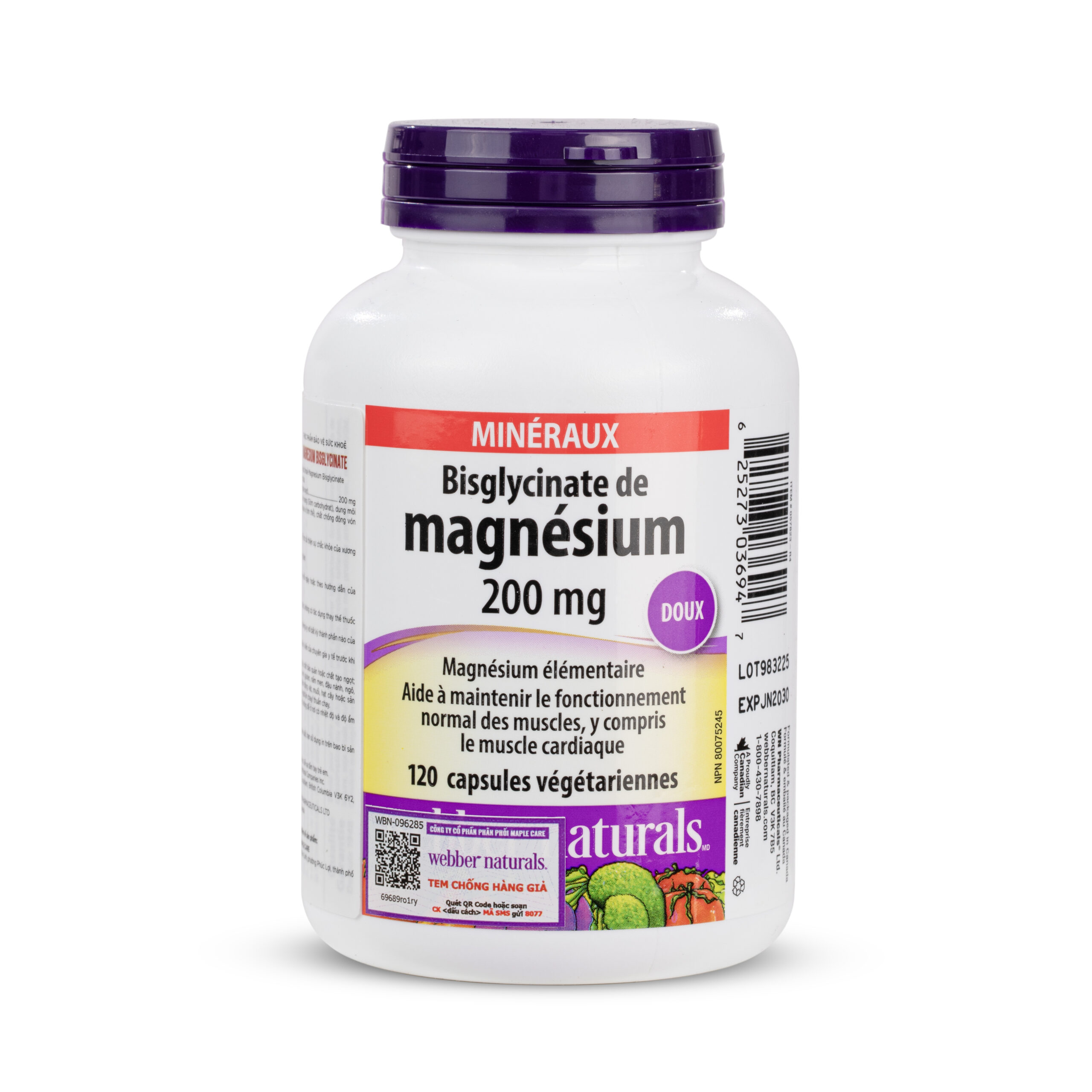 Thực phẩm bảo vệ sức khoẻ Magnesium Bisglycinate 200 mg WEBBER NATURALS (Lọ 120 viên)
