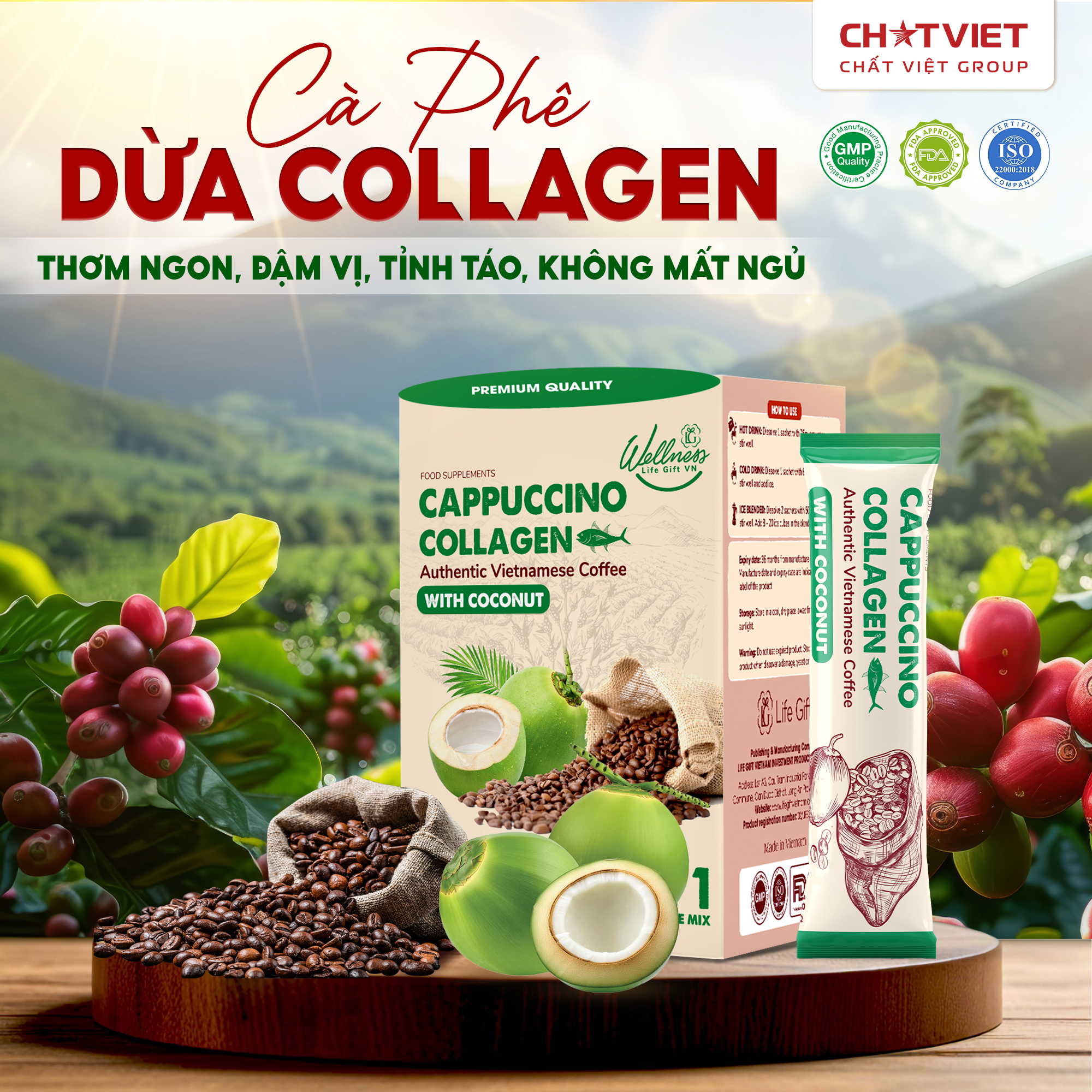 Cà phê dừa Cappuccino Collagen – Giúp tỉnh táo, đẹp da (20 gói x 18g)