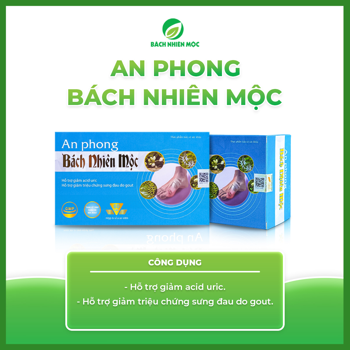 TPBVSK An Phong Bách Nhiên Mộc hỗ trợ giảm acid uric, giảm sưng đau do gout (Hộp 60 viên)