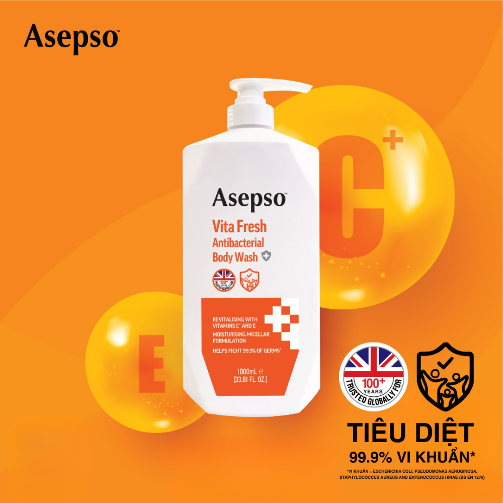 Sữa tắm kháng khuẩn ASEPSO dưỡng sáng da bổ sung Vitamin C & E 1000 ml
