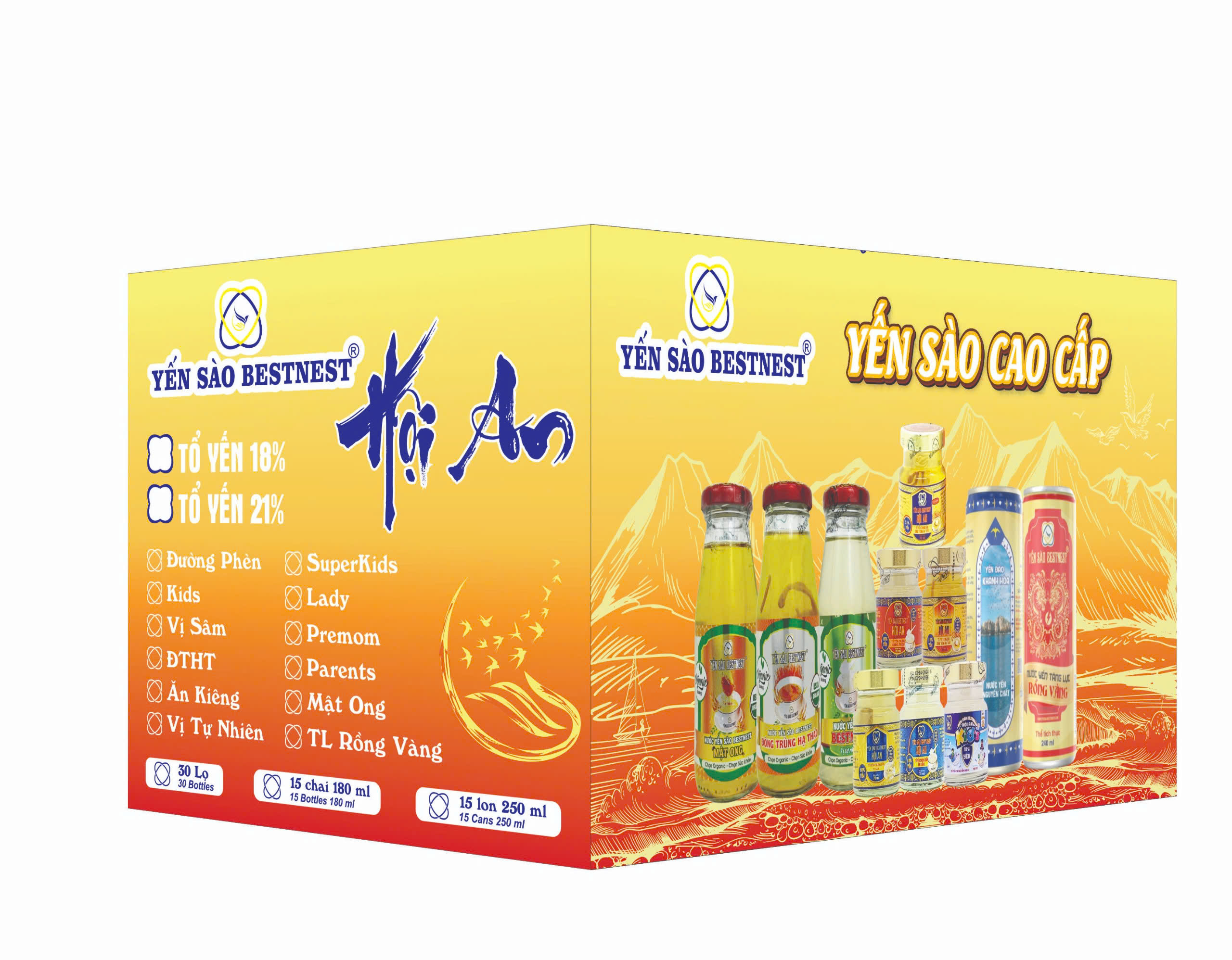 Thùng 30 hũ Yến Sào Chưng Sẵn Bestnest Hội An 18% Ngũ Vị (6 hũ Đường Phèn - 6 hũ Kid - 6 hũ Đông trùng hạ thảo - 6 hũ Nhân Sâm - 6 hũ Ăn Kiêng)