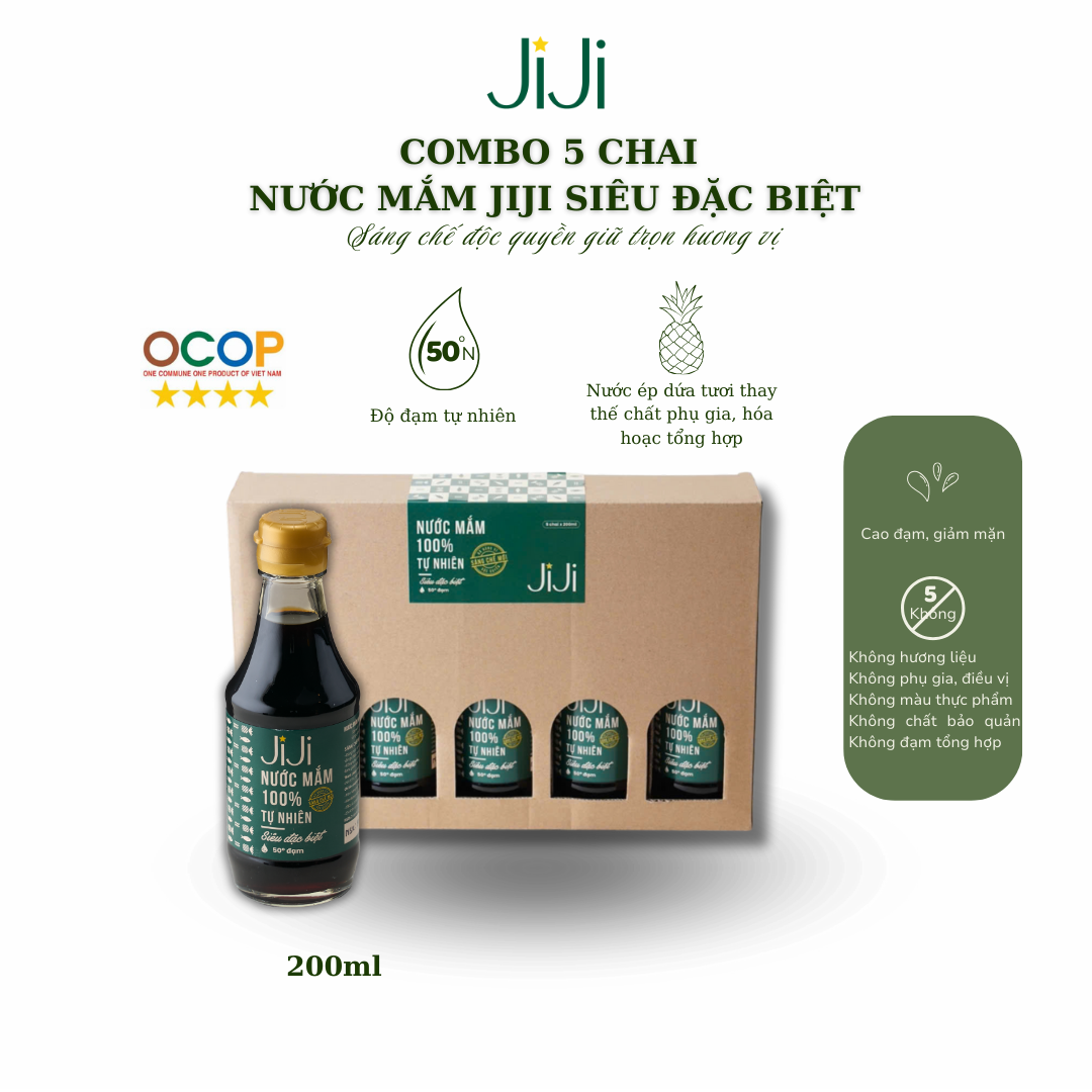 Set 5 chai Nước mắm tự nhiên JI JI Siêu đặc biệt 50 đạm 200ml