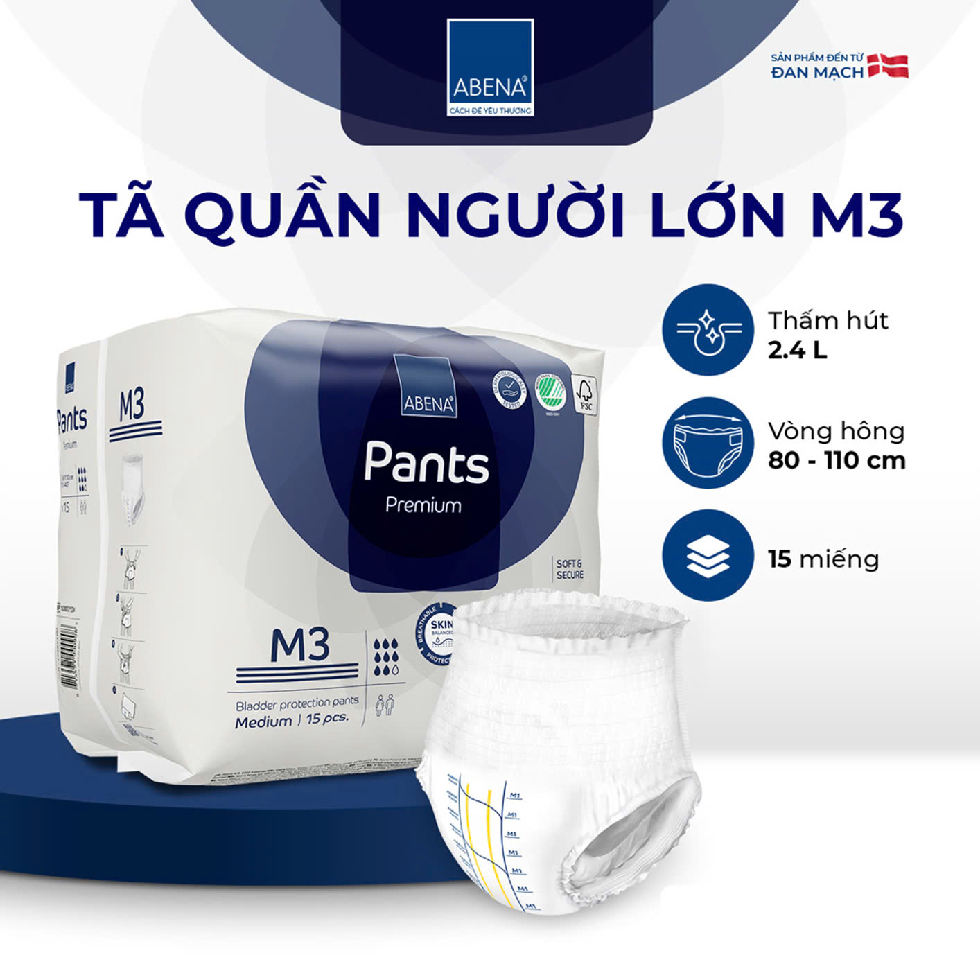 Tã quần người lớn Abena Pants Premium M3 (15 miếng/gói)