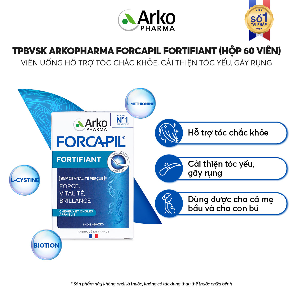 Viên uống ARKOPHARMA FORCAPIL FORTIFIANT bổ sung biotin, hỗ trợ tóc chắc khỏe (Hộp 60 viên)