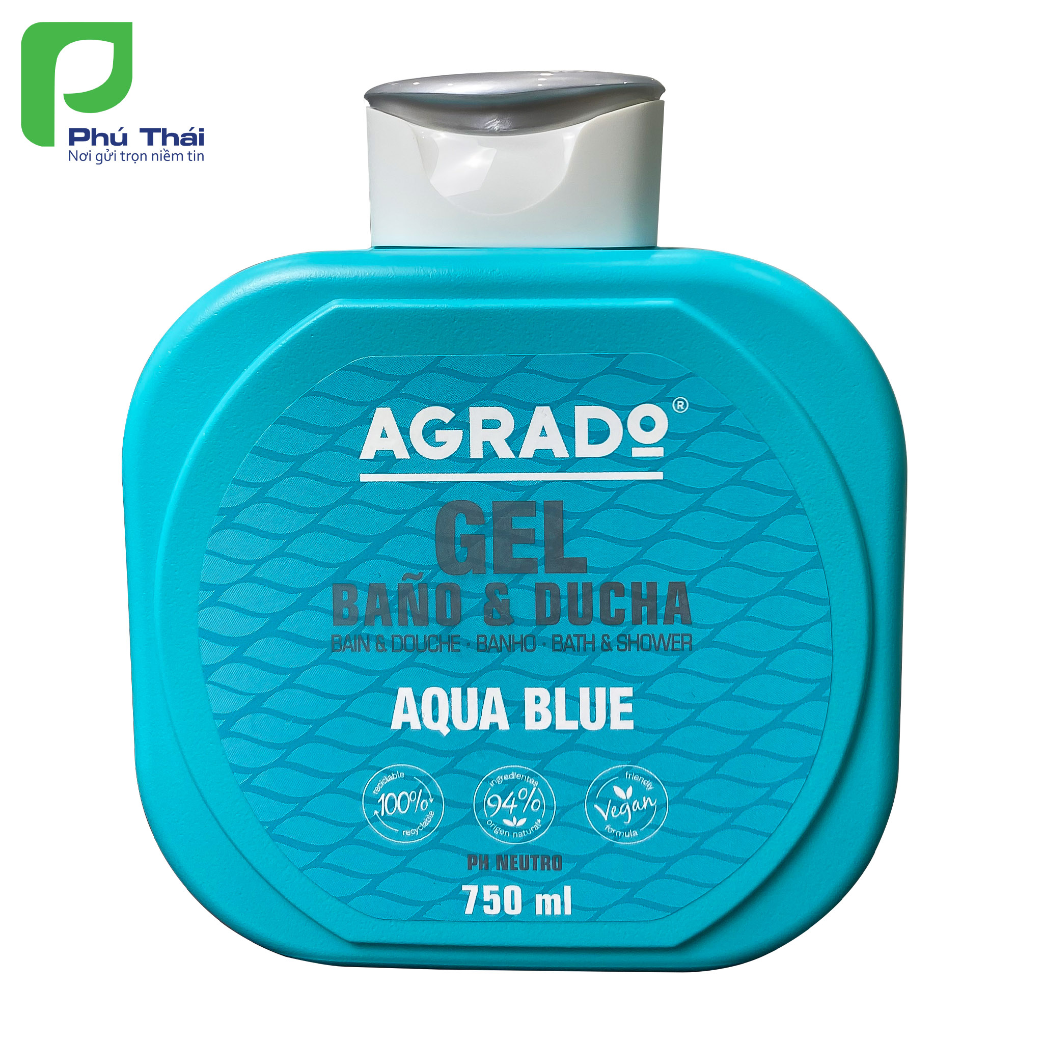 Sữa tắm Agrado Aqua Blue (Chai 750ml) - Hương thơm của hoa jazmin và táo trên nền hổ phách và tuyết tùng