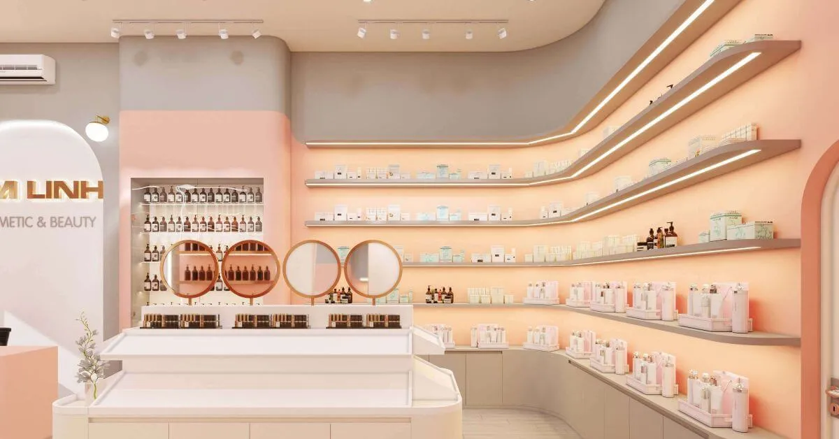 Mẫu thiết kế thi công shop mỹ phẩm với tone hồng chủ đạo
