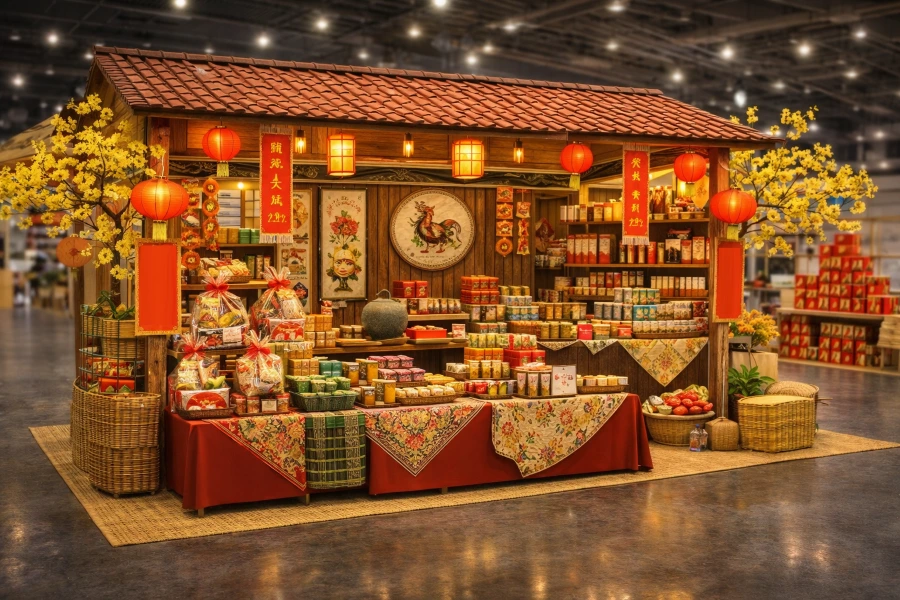 Gian hàng Tết sử dụng ánh sáng đa tầng và phối màu đỏ vàng hài hòa, nổi bật nhưng chuyên nghiệp Gian hàng Tết sử dụng ánh sáng đa tầng và phối màu đỏ vàng hài hòa, nổi bật nhưng chuyên nghiệp