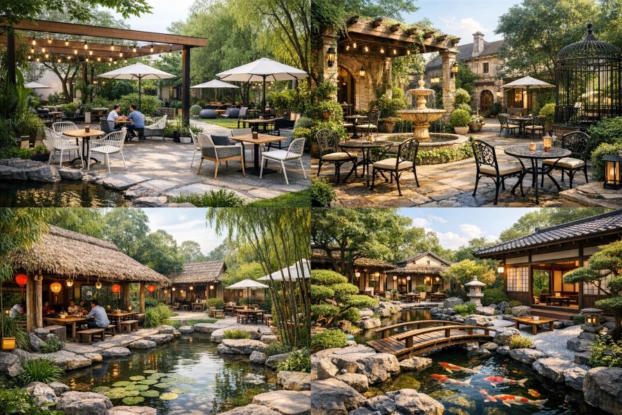 Mẫu thiết kế quán cà phê sân vườn trẻ trung, hiện đại nhiều cây xanh