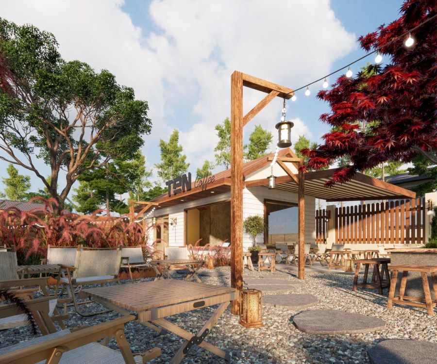 Mẫu thiết kế quán cà phê sân vườn trẻ trung, hiện đại 